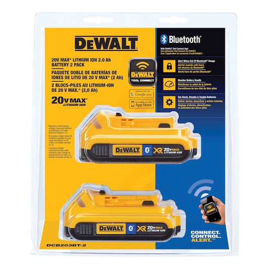 Two 20 Volt Tool Connect 2 AMP hours Batteries with Bluetooth functionality in plastic Packaging