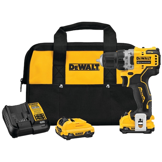 Brushless cordless drill driver with battery kit.