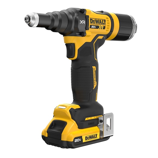 DEWALT 20V MAX XR(®) 3/16 inch Rivet Tool front angled view with 2.0 Ah battery