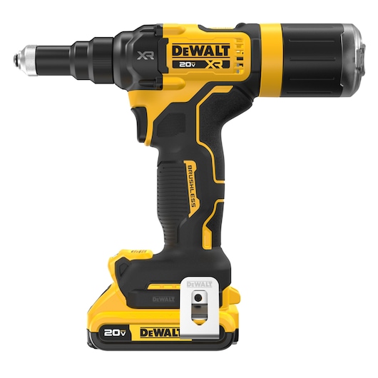 DEWALT 20V MAX XR(®) 3/16 inch Rivet Tool front side flat view with 2.0 Ah battery