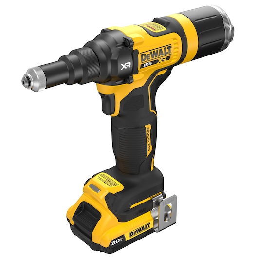 DEWALT 20V MAX XR(®) 3/16 inch Rivet Tool top front angled view with 2.0 Ah battery