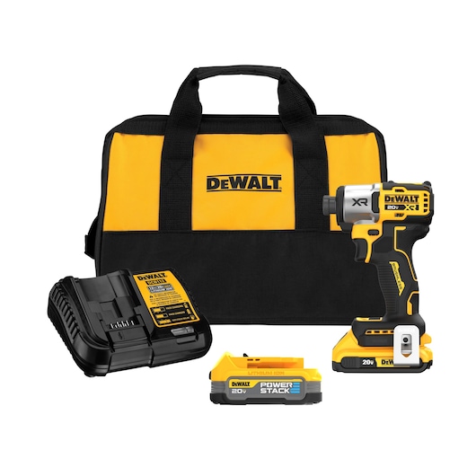 1/4 inch 3-Speed Impact Driver tool kit that includes a charger, kit bag, a 20V MAX two amp hour battery, and one DEWALT POWERSTACK battery