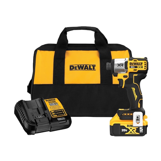 1/4 in. 3-Speed Impact Driver tool kit that includes a charger, kit bag, and 20V MAX five amp hour battery 