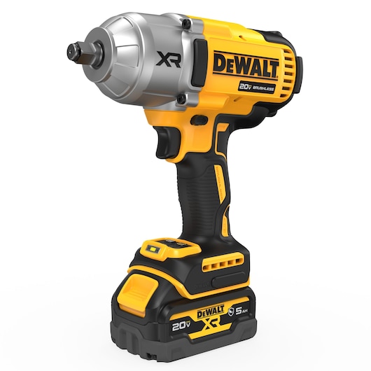 Angled view of DEWALT 20V MAX XR(®) 1/2 in. High Torque Impact Wrench with GFN battery