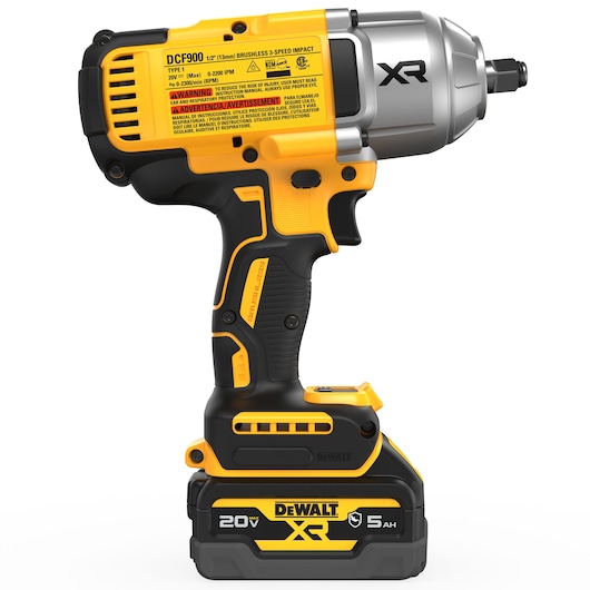 Back side view of DEWALT 20V MAX XR(®) 1/2 in. High Torque Impact Wrench with GFN battery