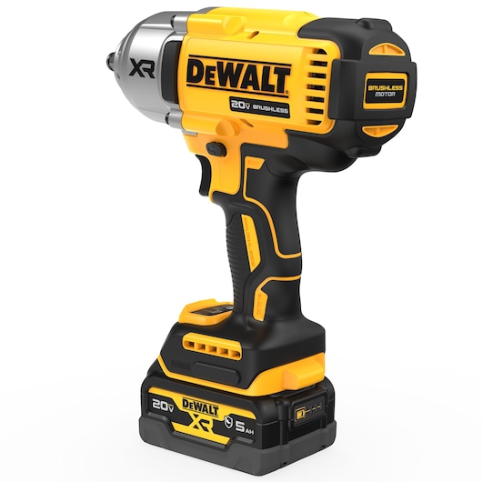 Angled view of DEWALT 20V MAX XR(®) 1/2 in. High Torque Impact Wrench with GFN battery