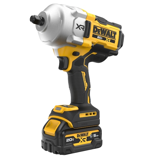 DEWALT 20V MAX XR(®) 1/2 inch High-Torque Impact Wrench front angled view with DCB205G battery 