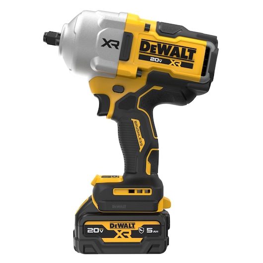 DEWALT 20V MAX XR(®) 1/2 High-Torque Impact Wrench front side flat view with DCB205G battery 