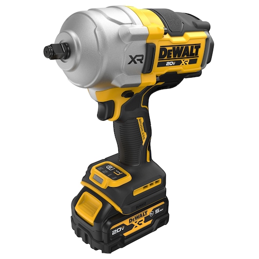 DEWALT 20V MAX XR(®) 1/2 inch High-Torque Impact Wrench top front angled view with DCB205G battery 