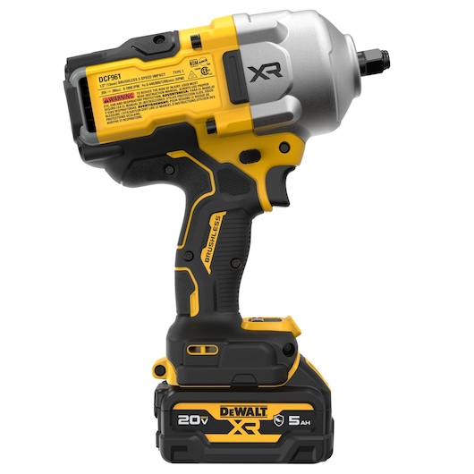 DEWALT 20V MAX XR(®) 1/2 inch High-Torque Impact Wrench back side flat view with DCB205G battery 