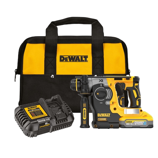 SDS Rotary hammer tool kit that includes a charger, kit bag, and DEWALT POWERSTACK five amp hour battery