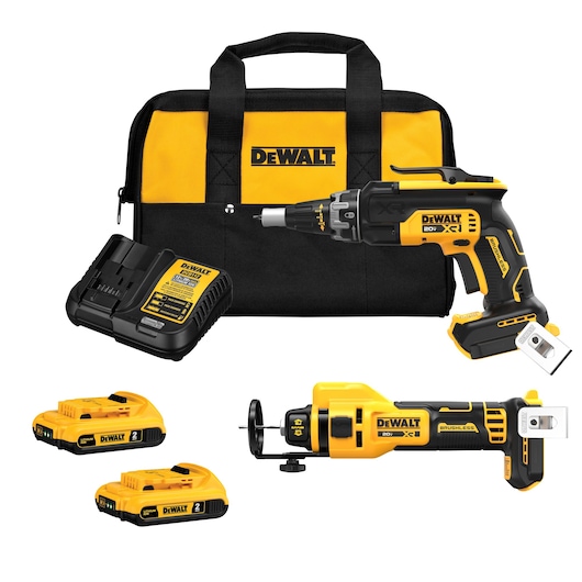 Combo kit includes 20V MAX XR(®) Brushless Drywall Screwgun, 20V MAX XR(®) Brushless Drywall Cutout Tool, two 2Ah batteries, charger and tool bag.