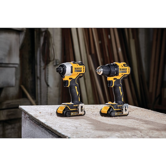 Brushless Cordless 2-Tool Combination placed on a work bench
