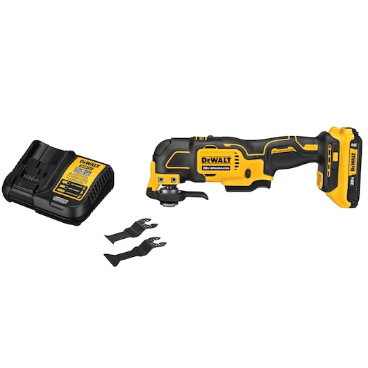ATOMIC Brushless Cordless Oscillating Multi Tool kit with universal accessory adaptor and two woodcutting blades