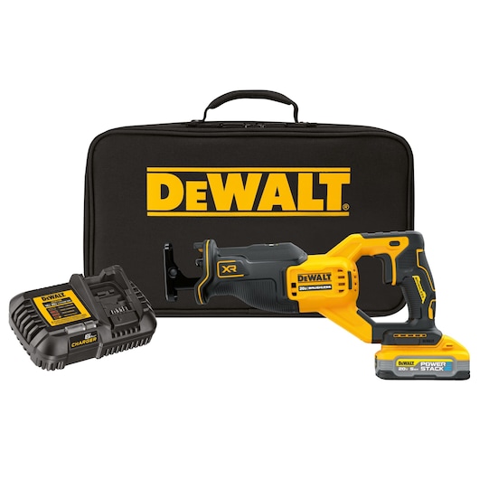 Reciprocating Saw tool kit that includes a charger, kit bag, and DEWALT POWERSTACK five amp hour battery 