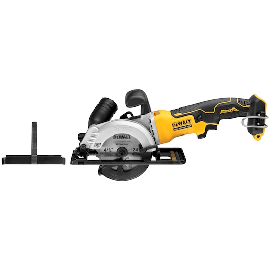 ATOMIC brushless cordless circular saw featuring rip fence and dust port adaptor.