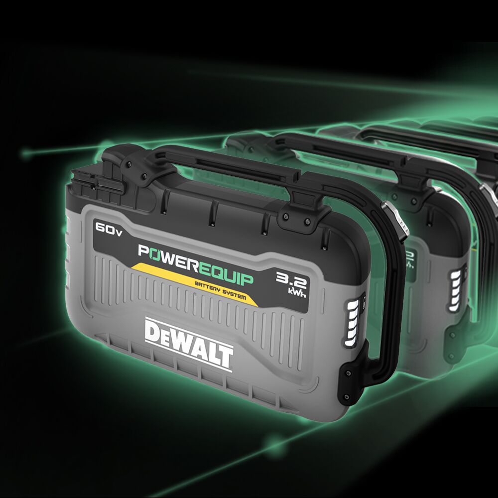 Up close shot of the DeWALT power equip batteries for the subscription program for the electric mowers
