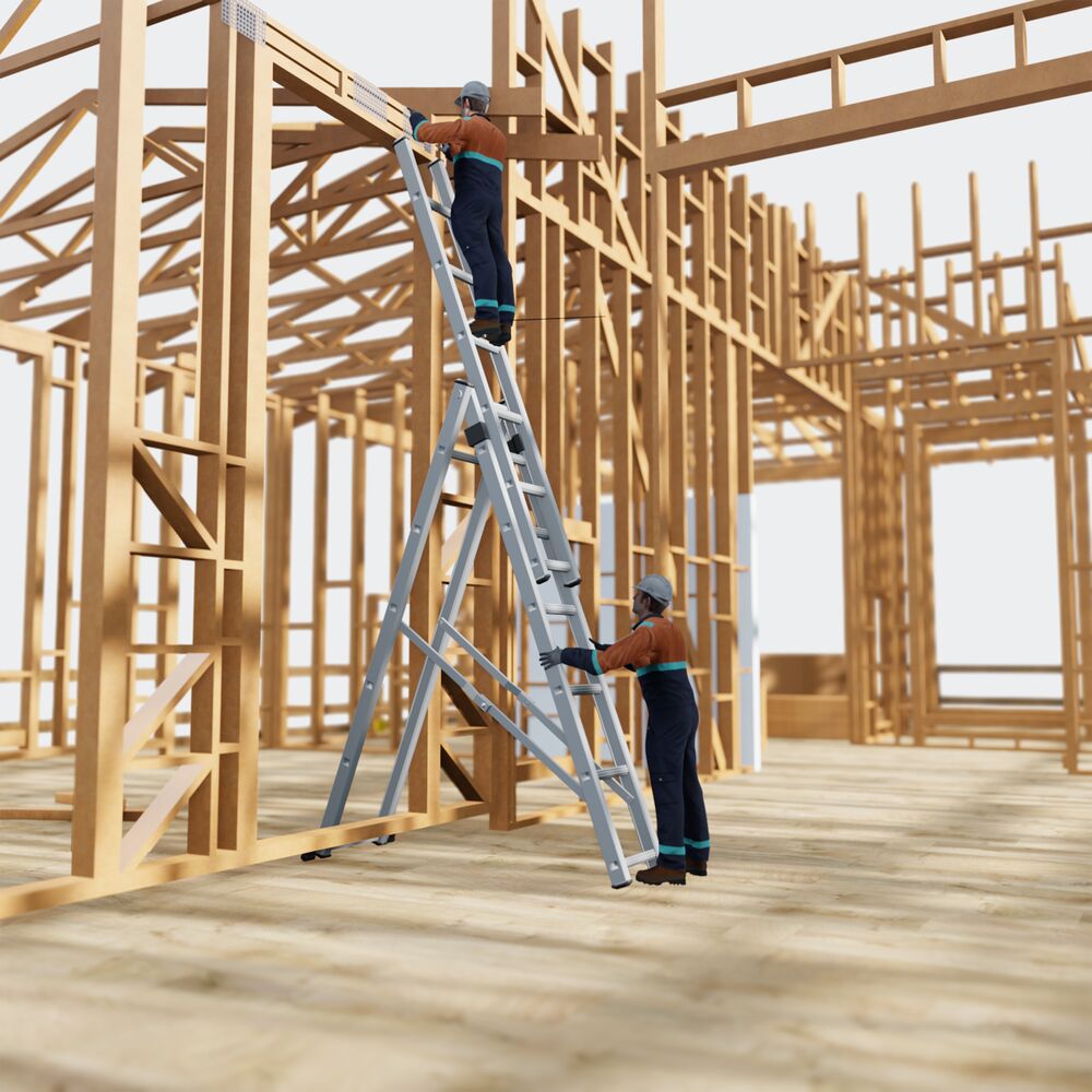 A carpenter on a ladder building a wooden frame