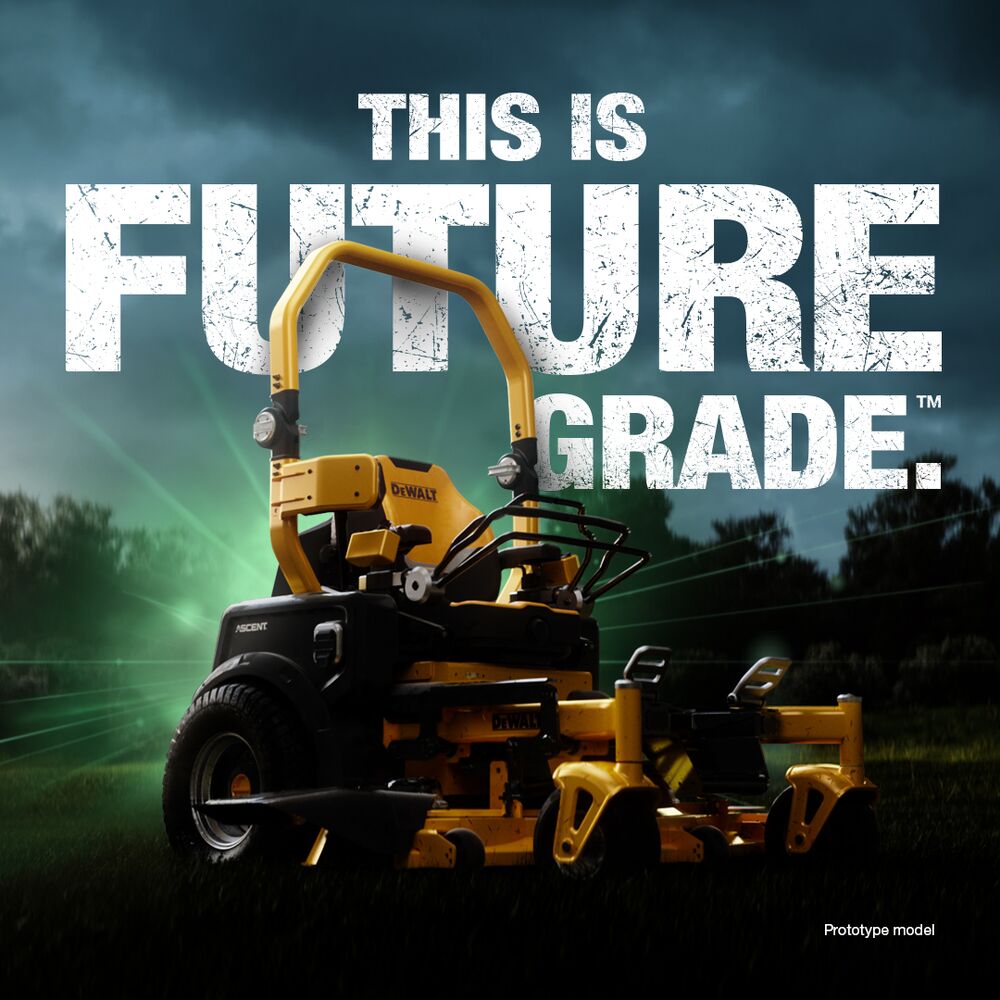 Hero shot of the DeWALT Ascent Electric Professional Mower with green lighting overshadowing