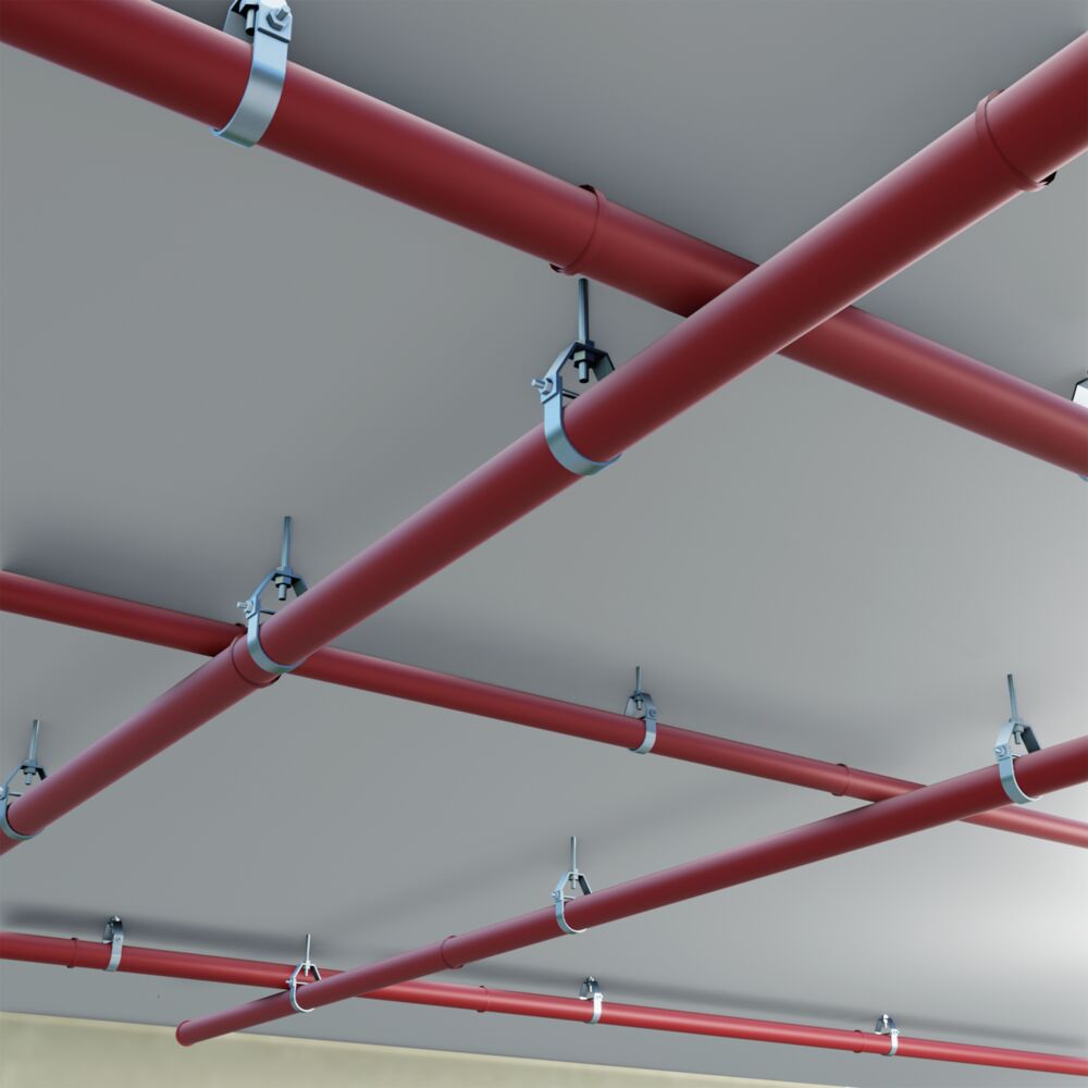 Perpendicular sprinkler pipes hoisted to the ceiling
