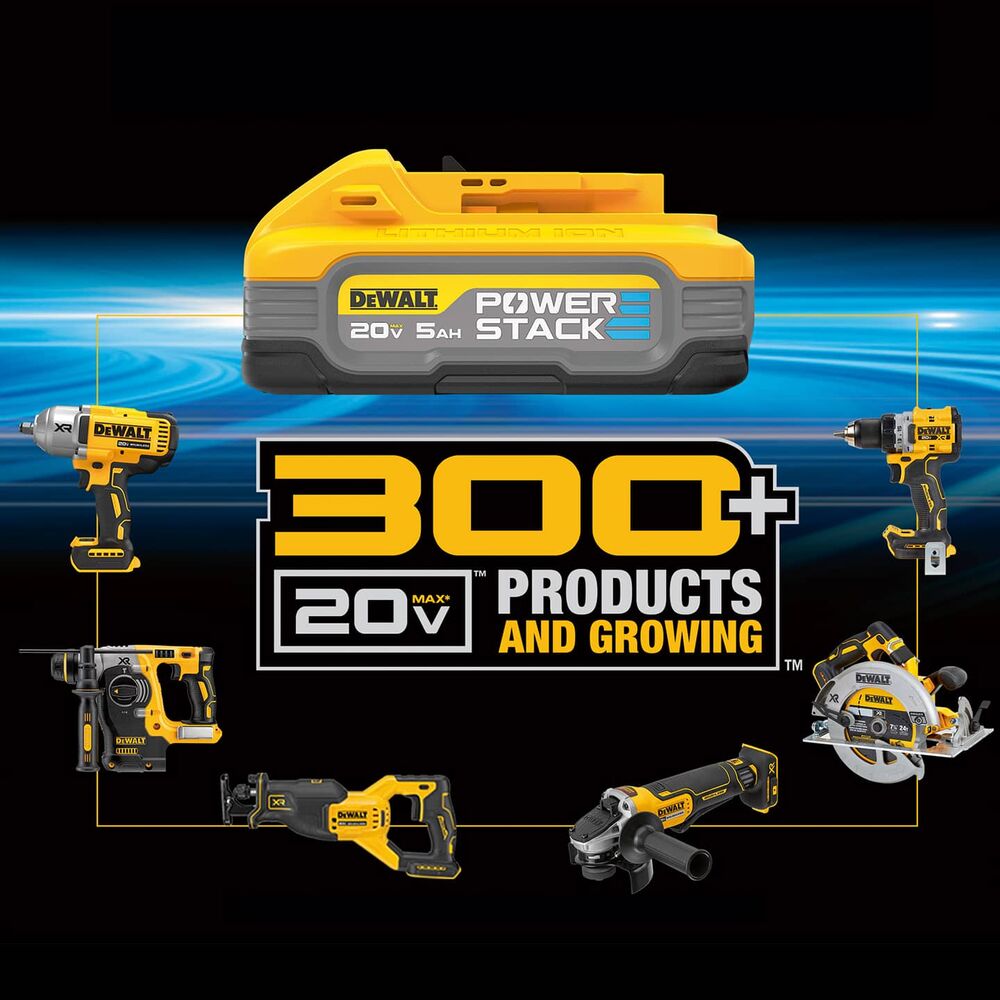 dewalt powerstack five amp hour battery with three hundred plus tools logo surrounded by twenty volt max products.