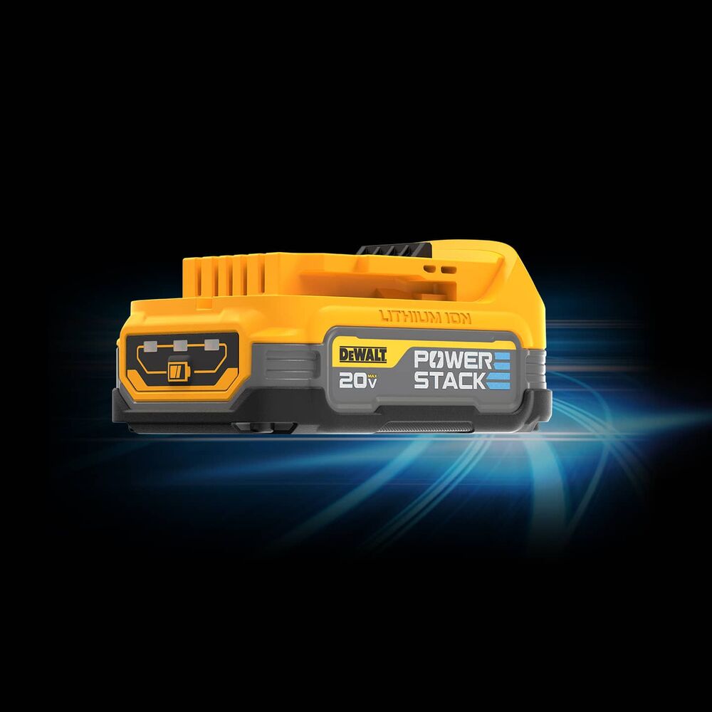dewalt powerstack compact battery with blue starlight coming from behind