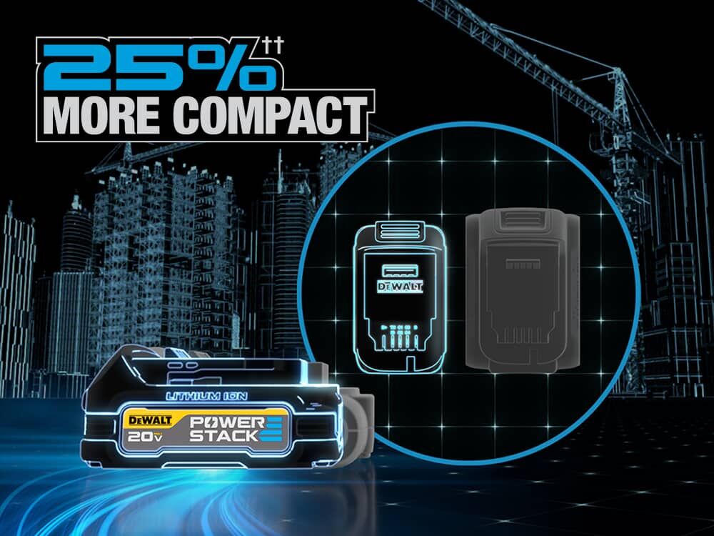 dewalt powerstack compact battery is twenty five percent more compact next to a gray cylindrical battery.  