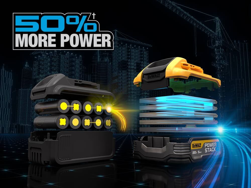 dewalt powerstack five amp hour battery with fifty percent more power exposing the internal cells next to a grayed out cylindrical battery 