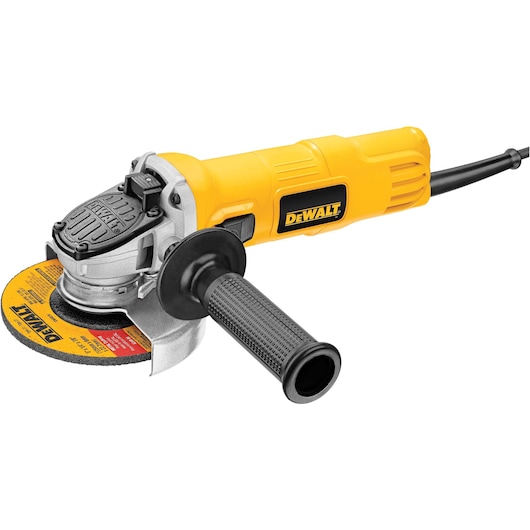 Overhead view of small angle grinder with one touch guard.