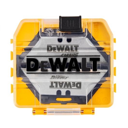 Front view of DEWALT ToughCase+ 30 pack Carbide Blades with closed case