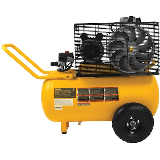 Backside of Oil lubed belt drive portable horizontal electric air compressor.\n