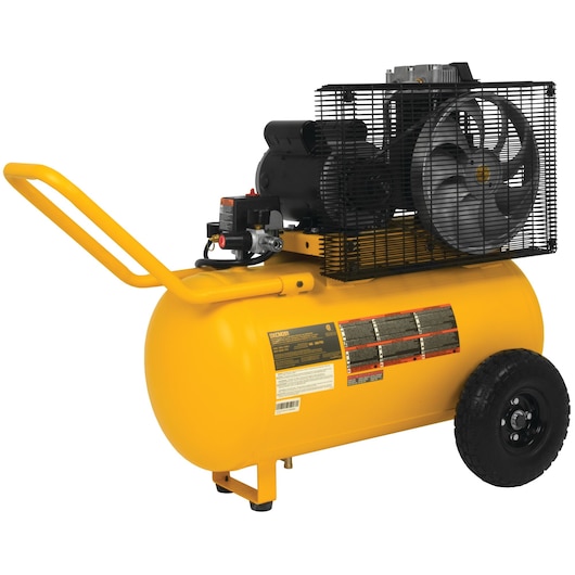 Backside of Oil lubed belt drive portable horizontal electric air compressor.