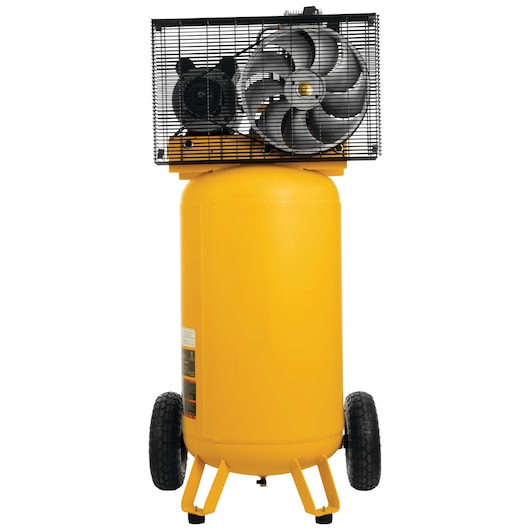Backside of 25 gallon 200 P S I Oil lubed belt drive portable vertical electric air compressor.\n