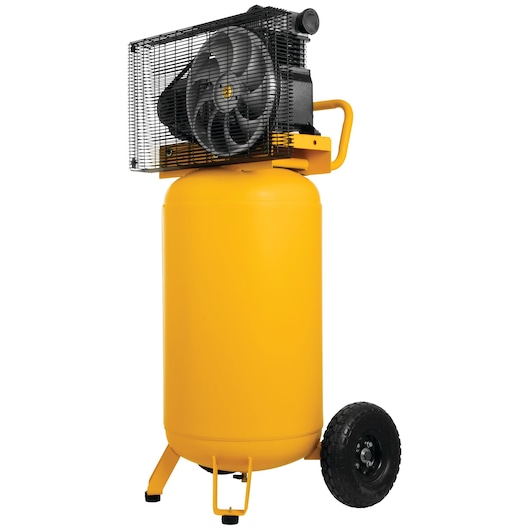 Backside of 25 gallon 200 P S I Oil lubed belt drive portable vertical electric air compressor.\n