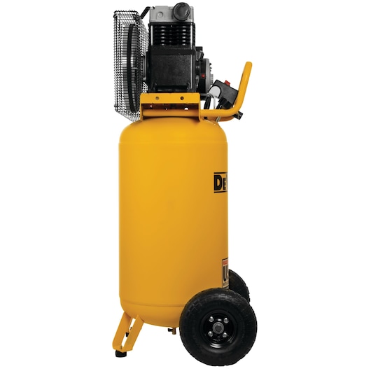 Profile of 25 gallon 200 P S I Oil lubed belt drive portable vertical electric air compressor.