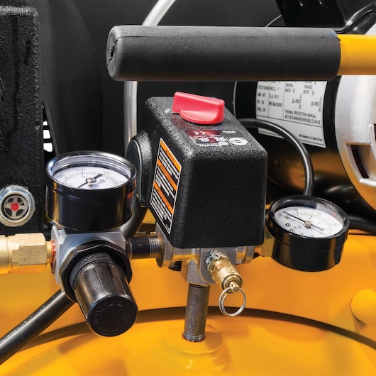 Safety pin with pressure gauges feature of 30 gallons Portable Vertical Electric Air Compressor.